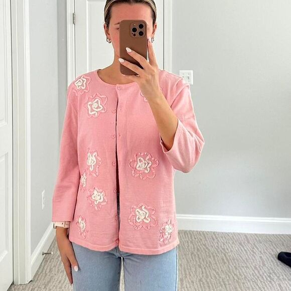 Coquette Balletcore Pink Embroidered Cardigan Vintage Soft Girl Grandma top - Picture 1 of 8